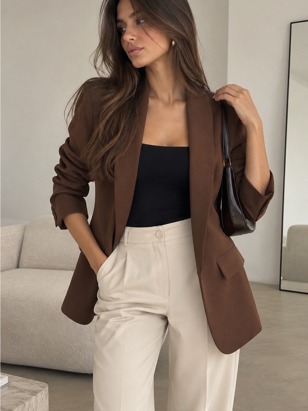 Blazer with ruched 3/4 sleeves and faux pocket details